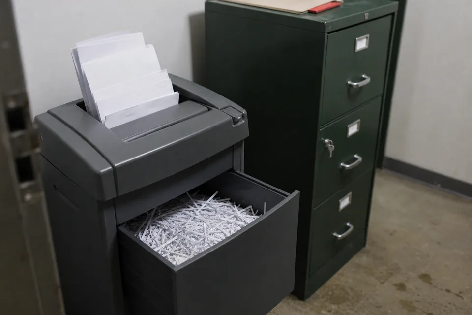 A paper shredder with strips of shredded invoices in its bin beside a locked steel filing cabinet with a key in the lock, in a small back office