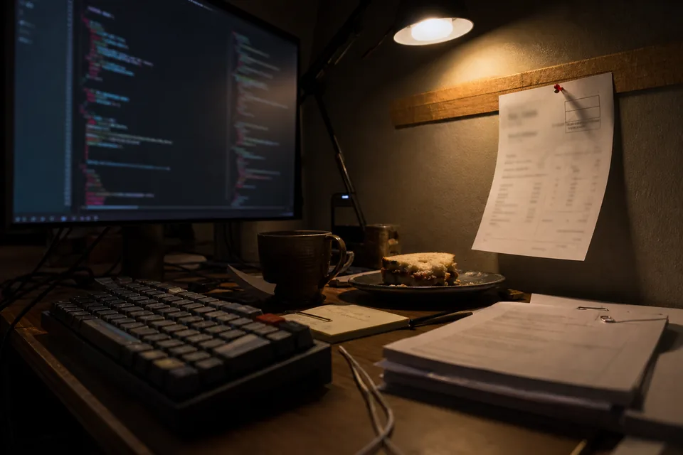 A printed invoice pinned with a pushpin to a cork strip beside a monitor that shows a dark editor with coloured brackets, lit by a desk lamp at night