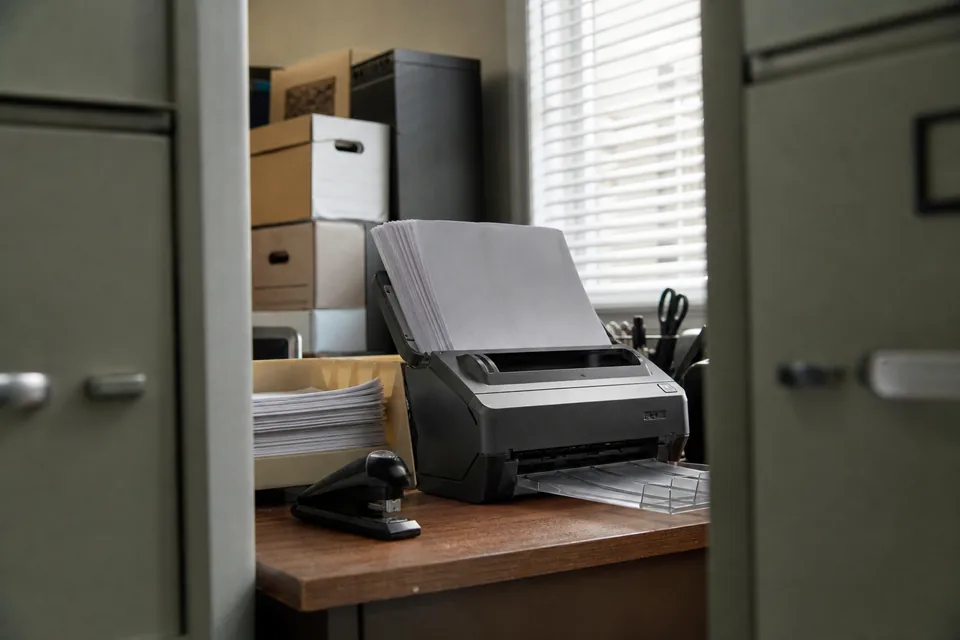 A desktop document scanner with its feeder loaded with a stack of printed invoices in a back office